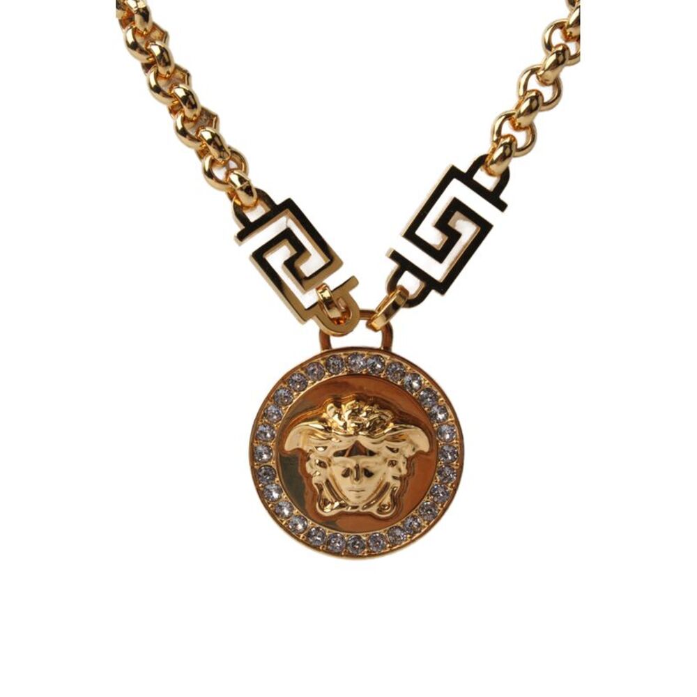 Versace Womens Gold Tone Crystal Medusa Greca Pendant Necklace 18.5"